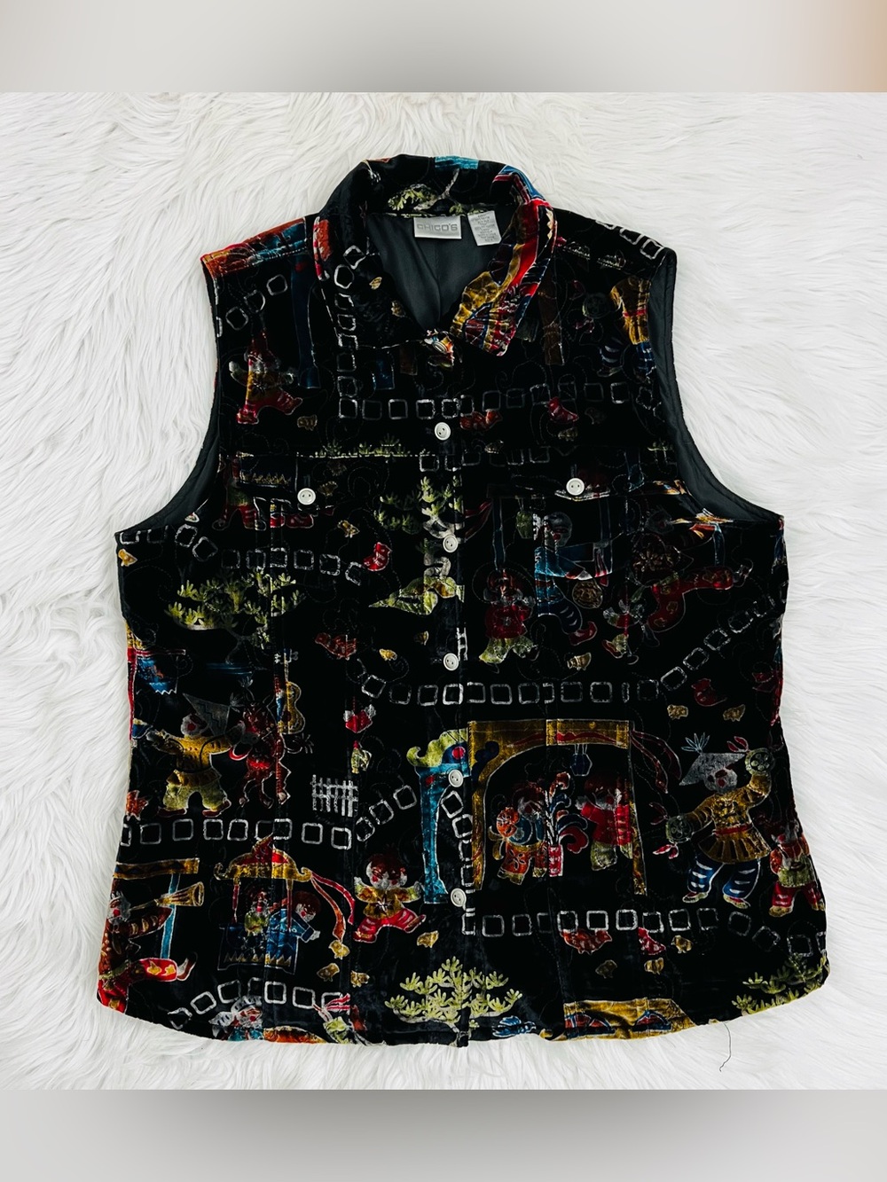 NWOT! Chico’s Silk Velvet Blend Asian Inspired Theme Button Up Vest Sz L/12